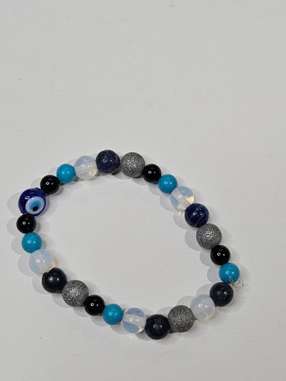 Artisan Glass Beaded Stretchy Bracelet Opalite Teal Black Lapis Lazuli Evil Eye